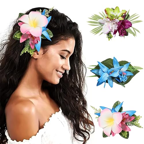 HAIMEIKANG 3 pinzas para el cabello de flores hawaianas, horquillas artificiales tropicales para el cabello, flores grandes para mujeres, accesorios