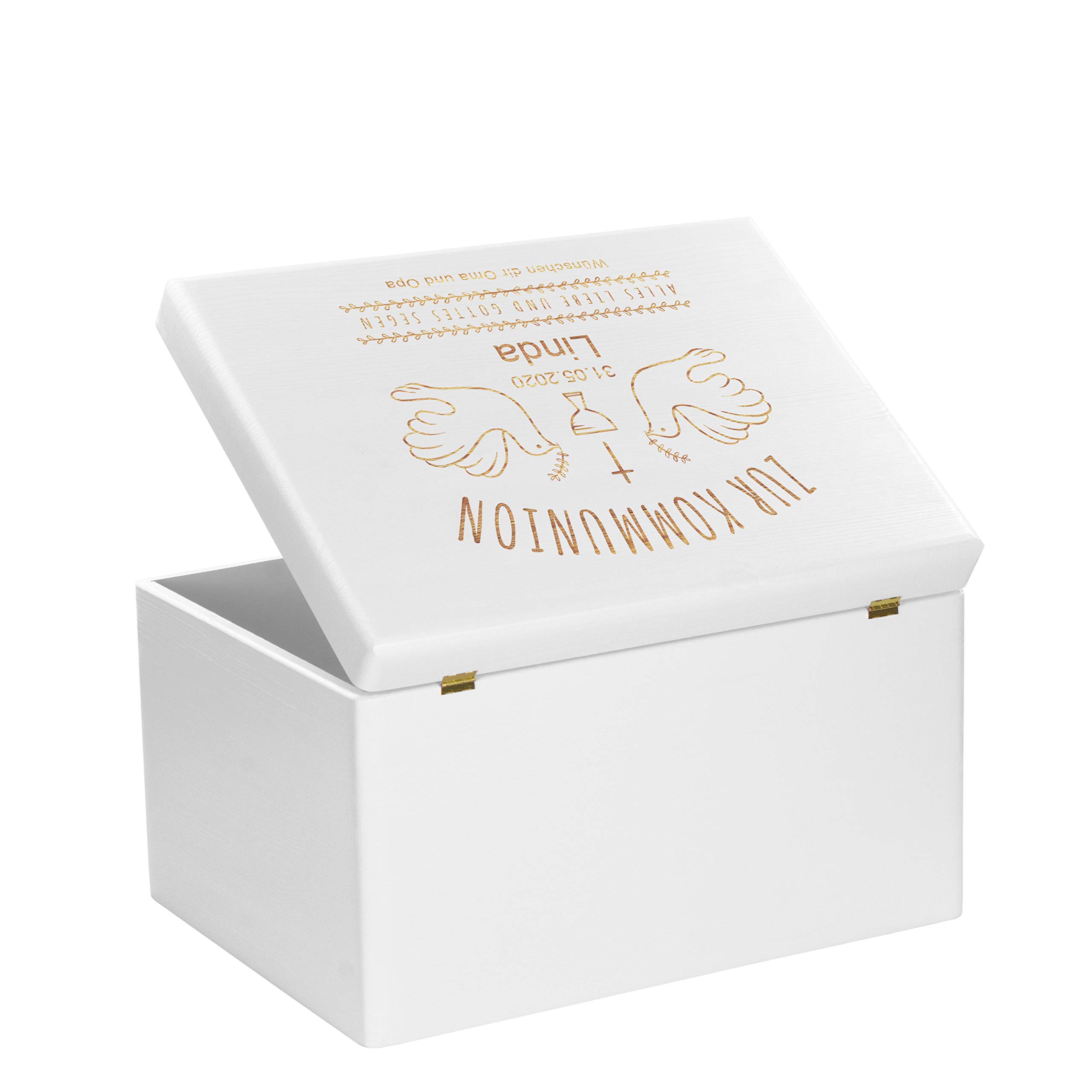LAUBLUST Holzkiste zur Kommunion - Tauben Motiv | Geschenkkiste Personalisiert mit Gravur, FSC® (Weiß, ca. 40 x 30 x 24 cm | XL)