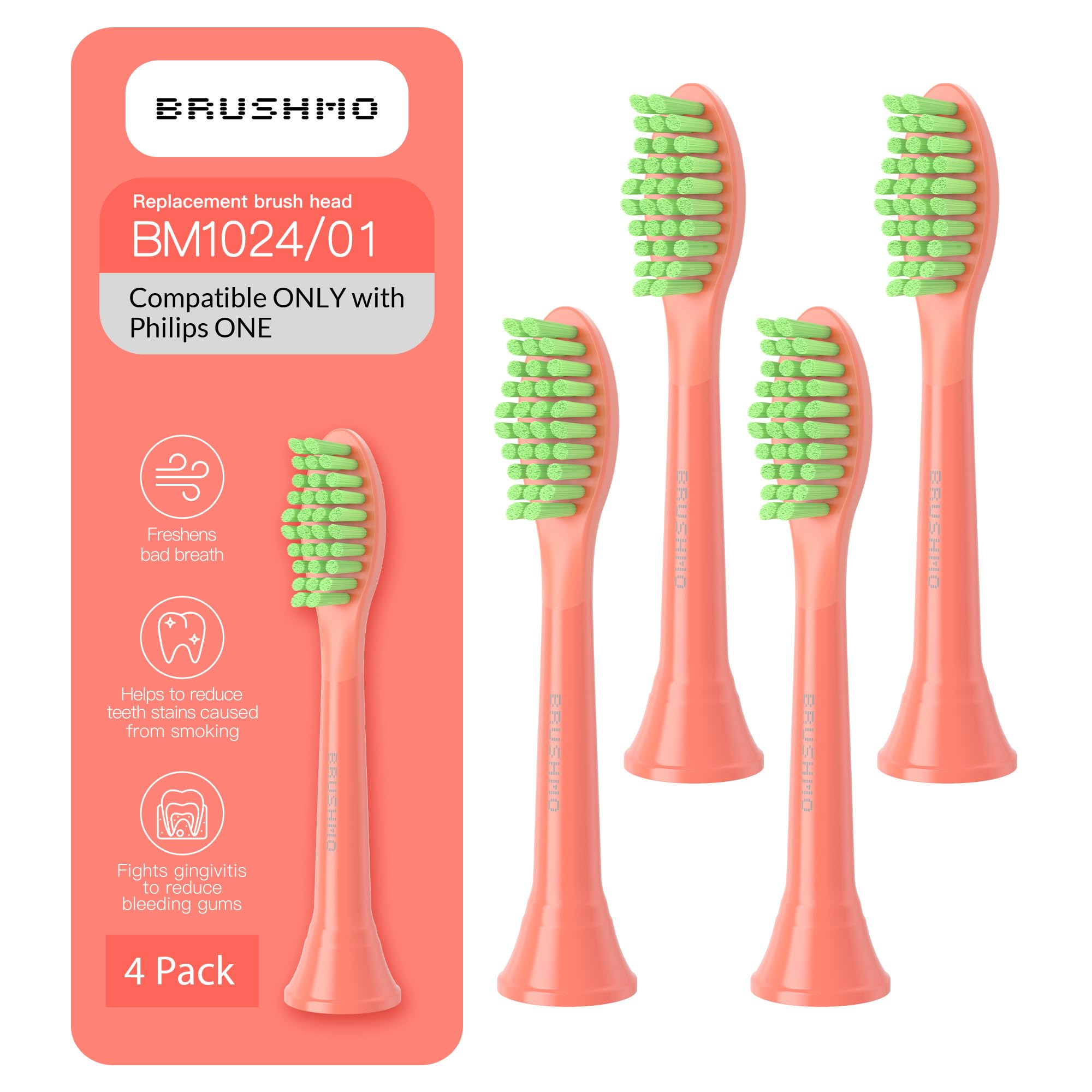Brushmo Replacement Toothbrush Heads, Compatible with Philips One for Sonicare Electric Toothbrush Handles HY1022, 4 Standard Heads with Tongue Cleaner, Soft Dupont Bristles, BM124m, Miami Coral