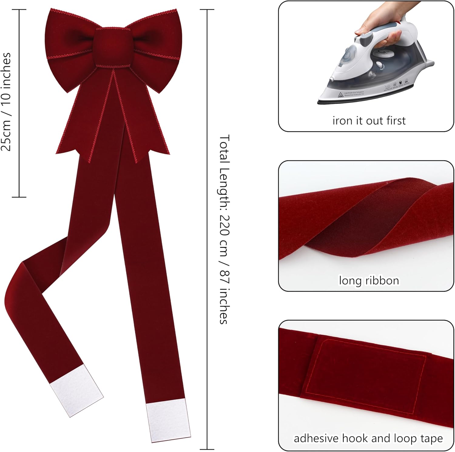 Fayoo 6 Pcs Christmas Cabinet Bow Ribbon Large Burgundy Velvet Cabinet Door Bows Decoration Set Holiday Xmas Party Furniture Kitchen Decor Supplies for Christmas Tree Wreath Outdoor