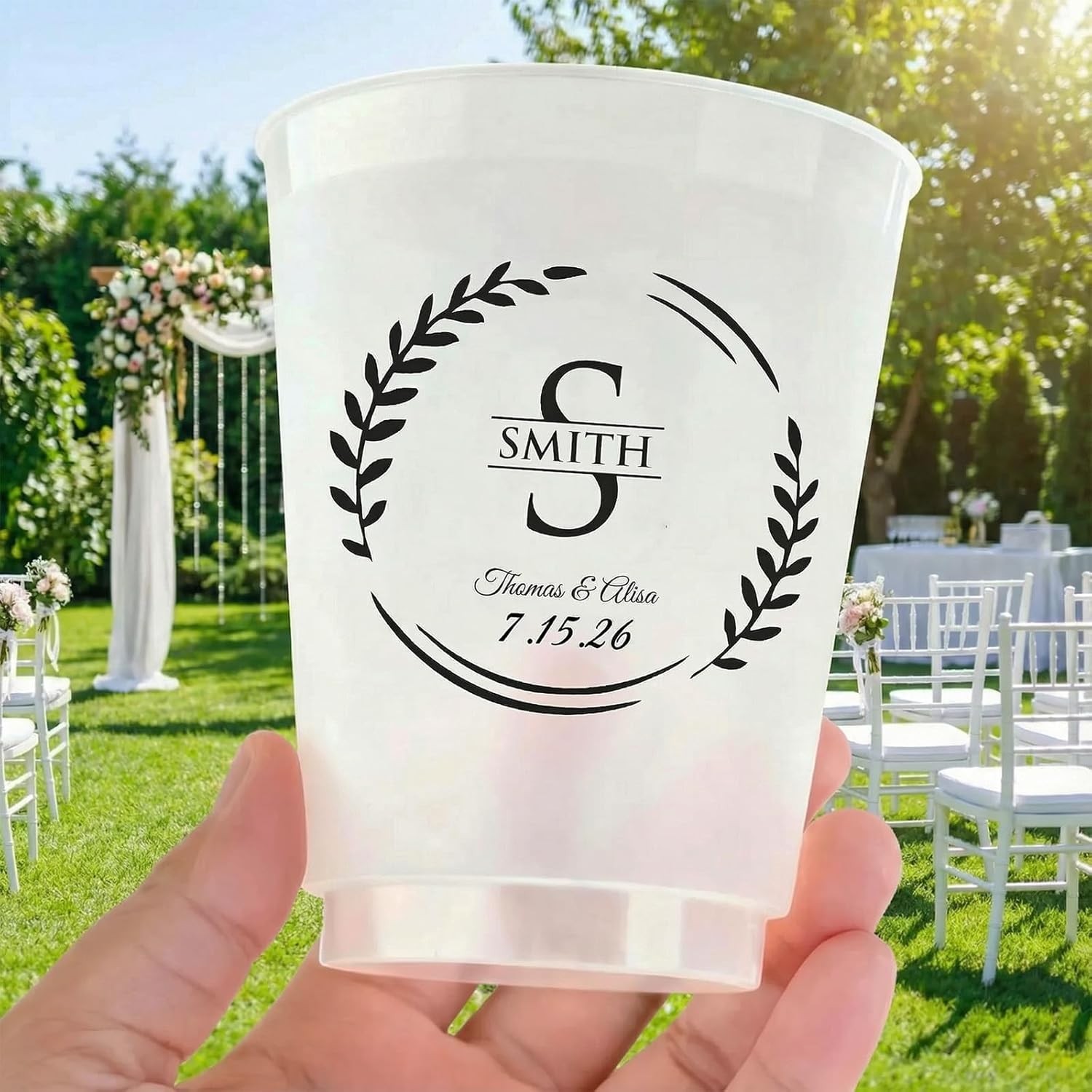 50-200pcs 12oz 16oz Personalized Wedding Cups for Reception, Custom Frosted Plastic Cups for Party, Plastic Cup Reusable,With Logo Names,Perfect for Bridal Shower