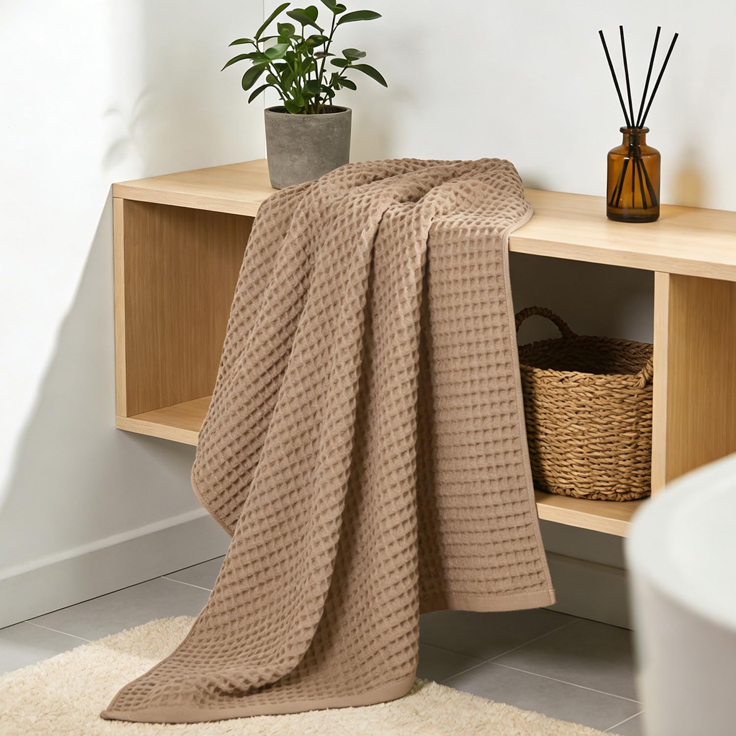 Jacquotha Waffle Bath Towels 2-Piece (Tan) - Cotton, Soft, Lightweight, 31” x 62” Large Bath Towel for Bathroom, Shower, Spa, Beach