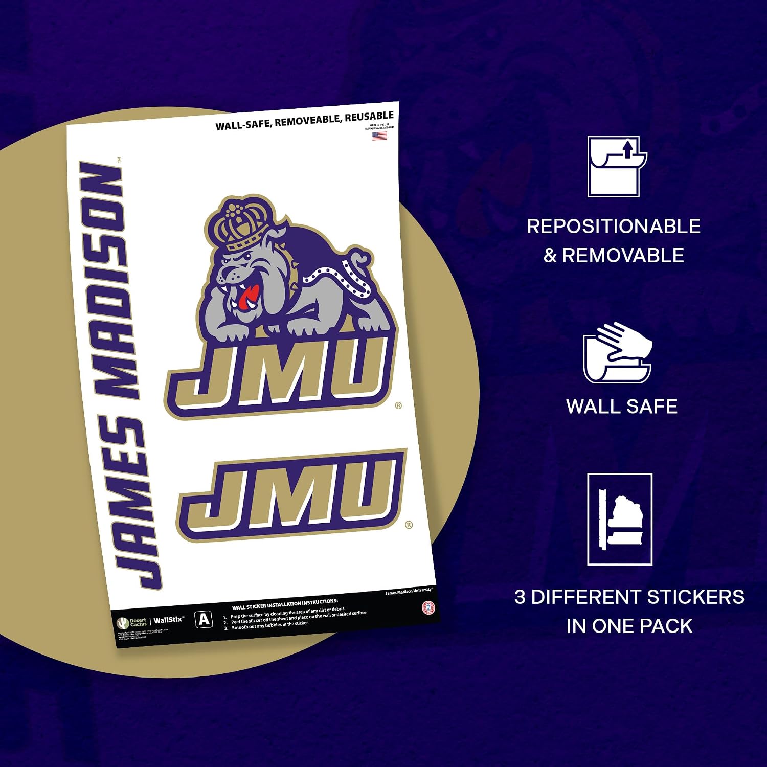 Desert Cactus James Madison University WallStix Dukes JMU Removable Wall Sticker 11x17 Vinyl Decal Indoor Outdoor Use (Design A)