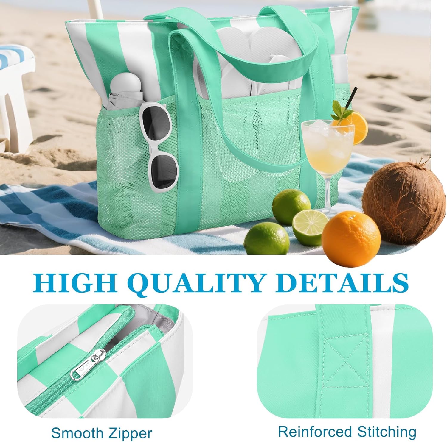 VASCHY Beach Bag for Women, Foldable Waterproof Sandproof Beach Tote with Zipper/Mesh Pockets for Vocation/Cruise/Gym/Travel
