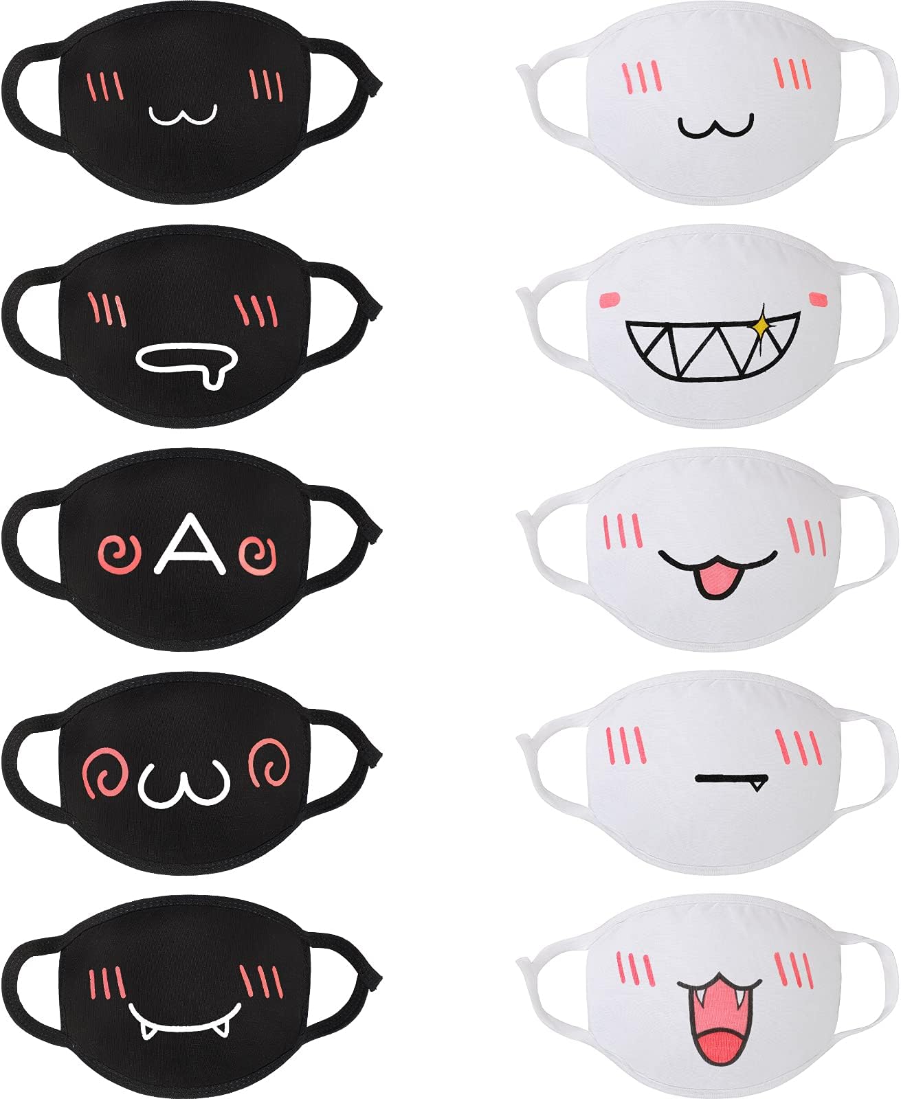 10 Pieces Kawaii Mask Anime Face Mouth Mask Cute Mouth Covering Reusable Washable Mouth Mask, Black and White