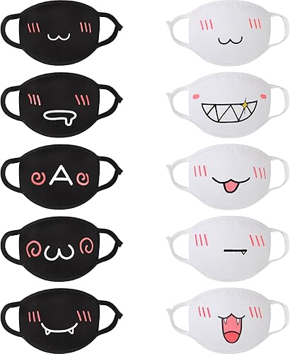 Zhanmai 10 cubrebocas kawaii de anime, cubrebocas lindos, reutilizable, lavable, color blanco y negro