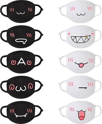 Zhanmai 10 Pieces Kawaii Mask Anime Face Mouth Mask Cute Mouth Covering Reusable Washable Mouth Mask, Black and White