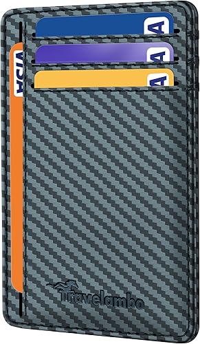 Travelambo Cartera delgada de cuero minimalista con bolsillo frontal, bloqueo RFID, textura de fibra de carbono