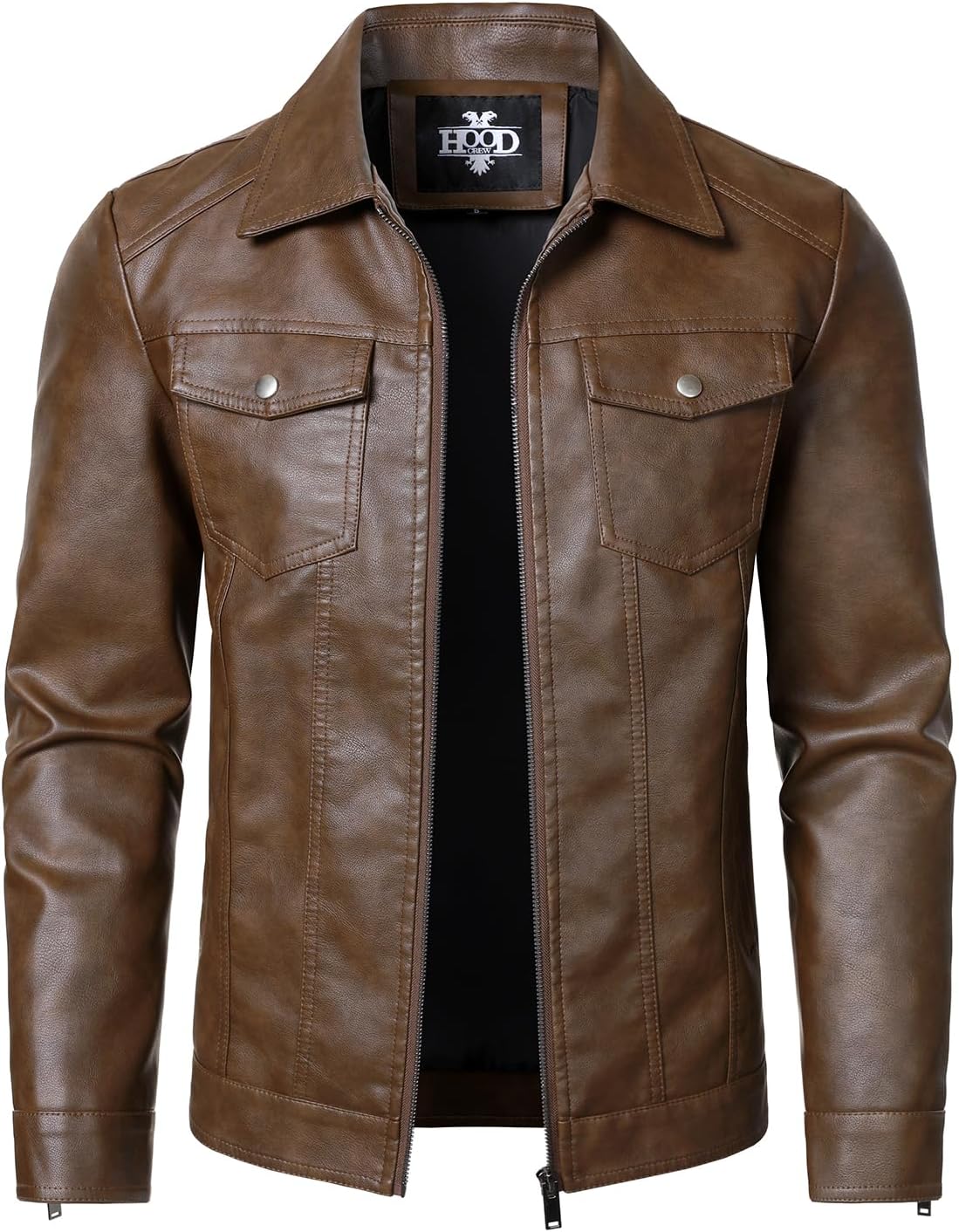 HOOD CREW Mens Leather Jacket Motorcycle Biker Jackets Casual Lightweight Faux Leather Outwear