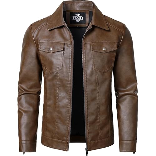 HOOD CREW Mens Leather Jacket Motorcycle Biker Jackets Casual Lightweight Faux Leather Outwear