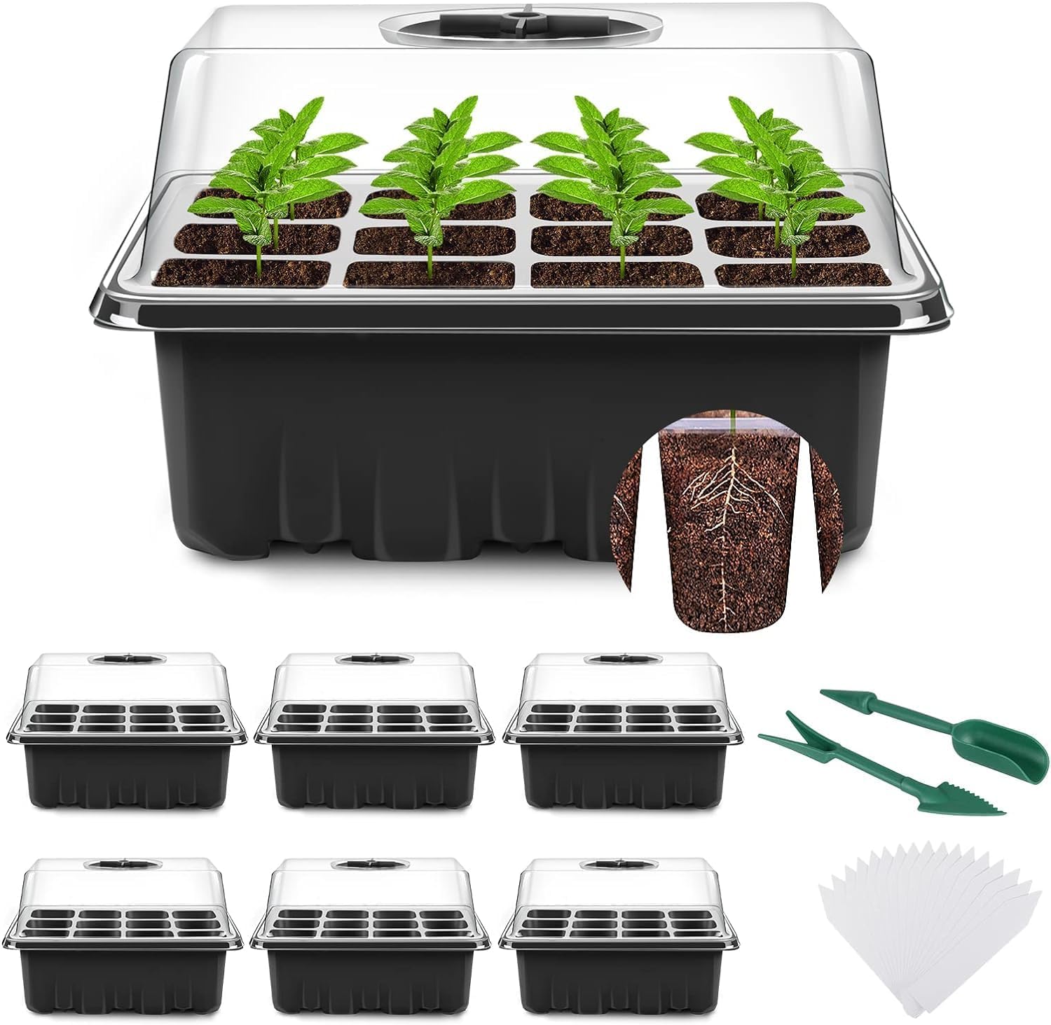 YAUNGEL Seed Trays, 6 Pack 72 Cells Propagator Growing Thicken Seedling Starter Growing Trays with Clear Lids/Adjustable Window for Greenhouse & Gardens, Black
