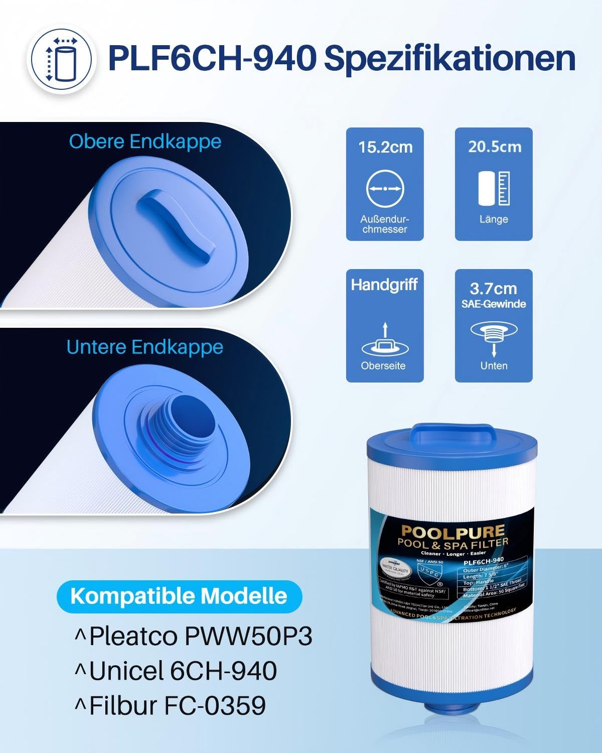 POOLPURE Spa Filter, Whirlpool Filter Replacement for Unicel 6CH-940, Pleatco PWW50P3, PWW50-P3, Filbur FC-0359, Waterway Plastics 817-0050, 25252, 378902, 03FIL1400 (Pack of 2) (Packung mit 2)
