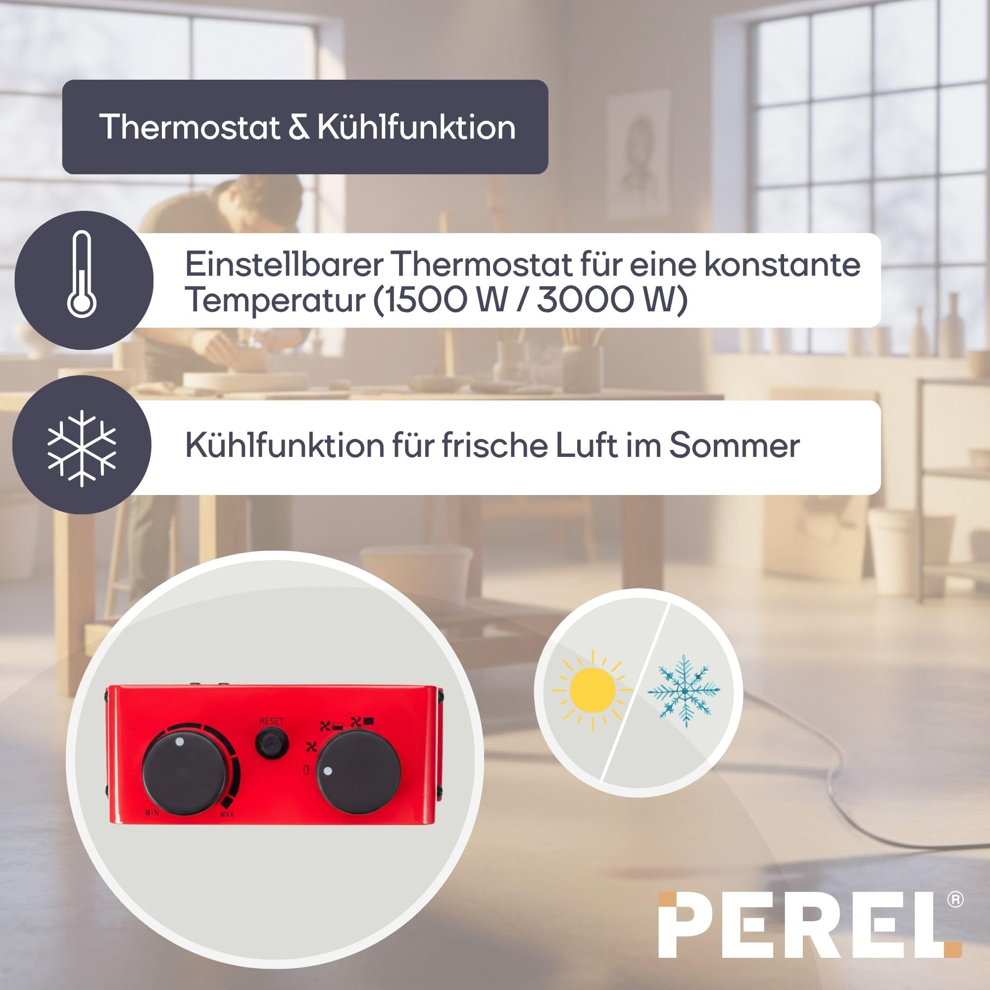 Perel Elektrischer Heizlüfter 3000W, 2 Heizstufen, Thermostat und Kühlfunktion, IP24, Überhitzungs- und Kippschutz, kompakter tragbarer Heizstrahler für Werkstatt, Garage oder Schuppen
