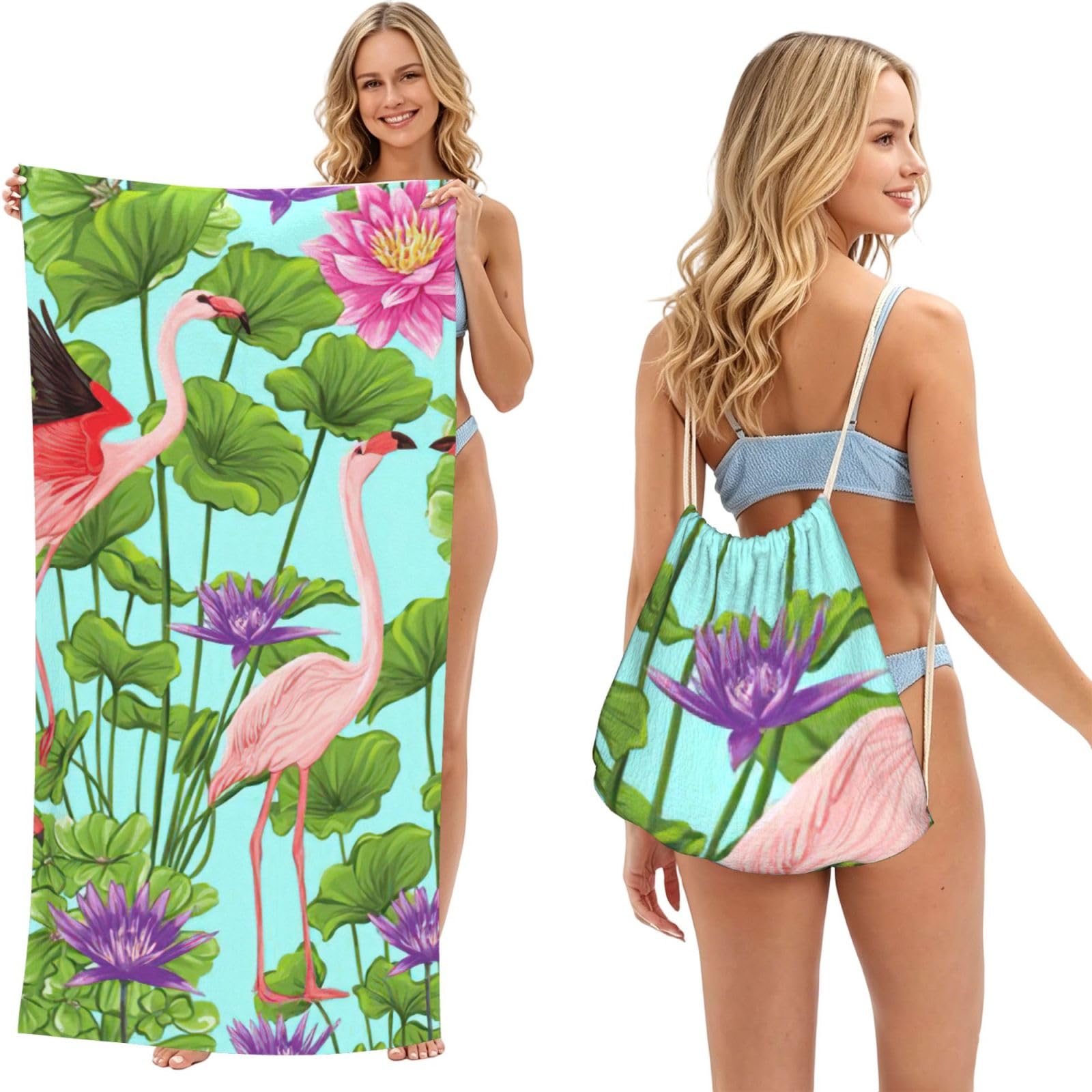 LMNvbz Flamingo Love Flowers Print 2 In 1 Packable Beach Towel Bag, Quick Dry Backpack Microfiber Mat For Camping, Travel, Vacation, Cruise, And Picnic