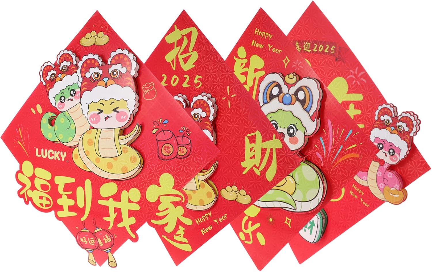 4pcs Cartoon Fu Character Signs for Chinese Year Auspicious Window Decorations for Spring Festival Easy Application Wall and Door Decor