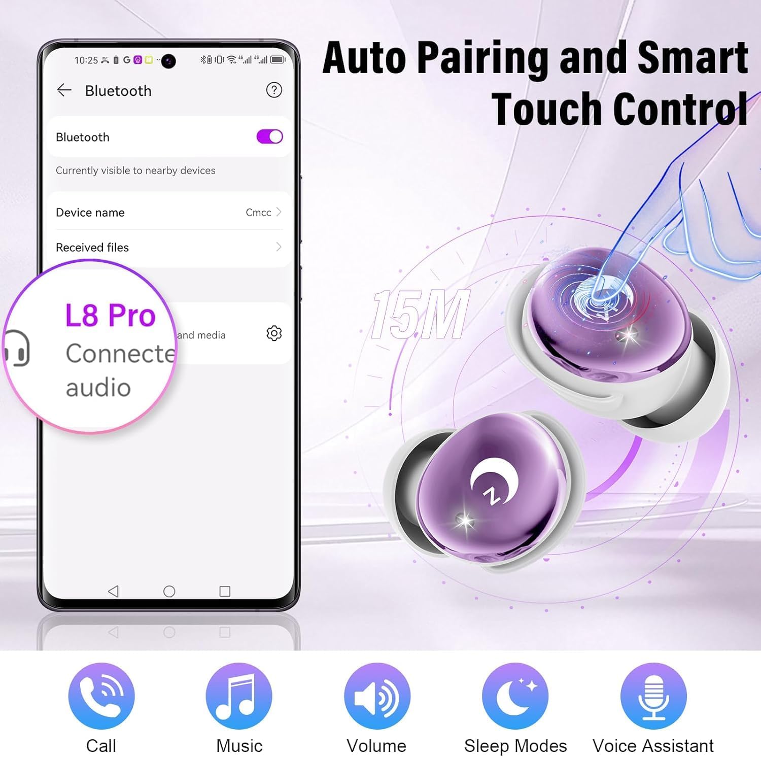 VEKJ Auriculares Inalámbricos, HiFi Estéreo, 48H Mini Auriculare para Dormir, Púrpura 9