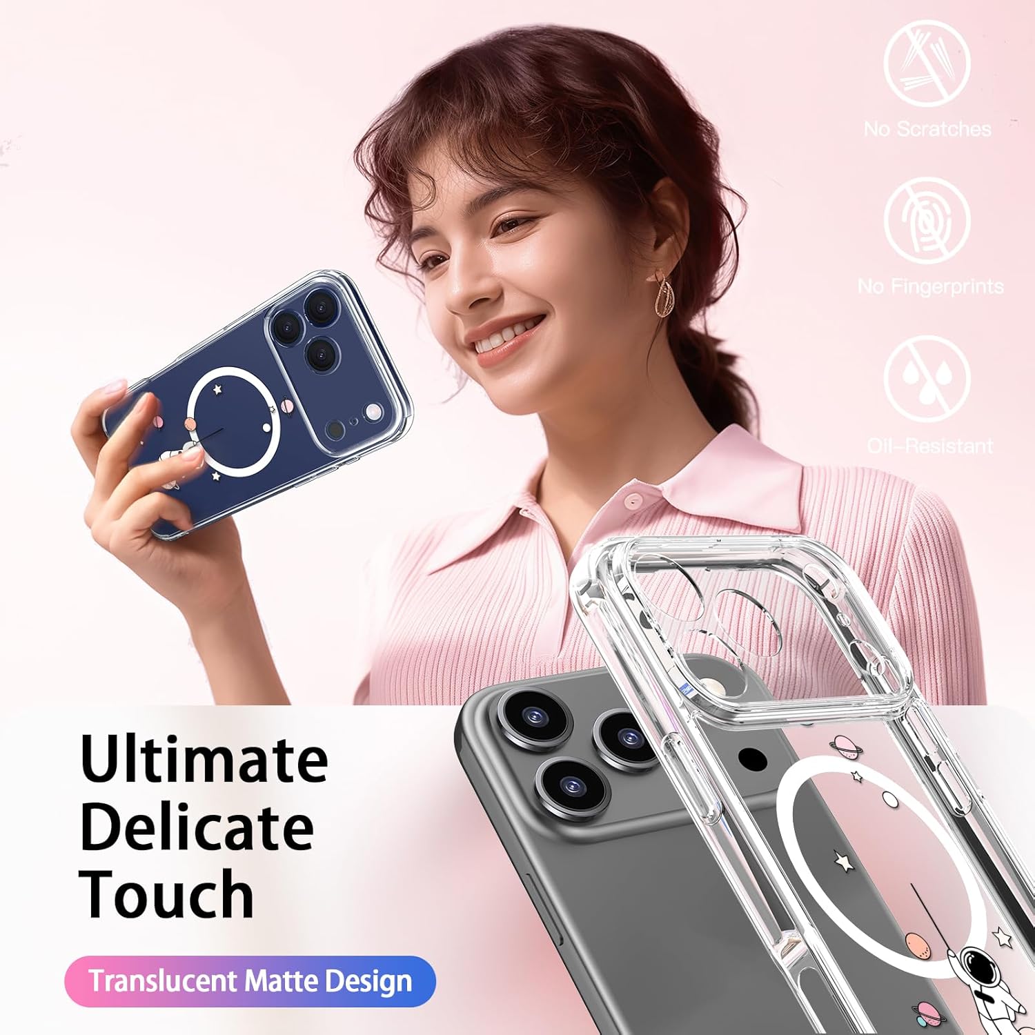 LUHOURI for iPhone 17 Pro Case with Screen Protector - Wireless Charging - Crystal Acrylic Clear - Fashionable Designs for Women Girls - Slim Fit Protective Phone Cover, Astronaut in The Space - Image 7