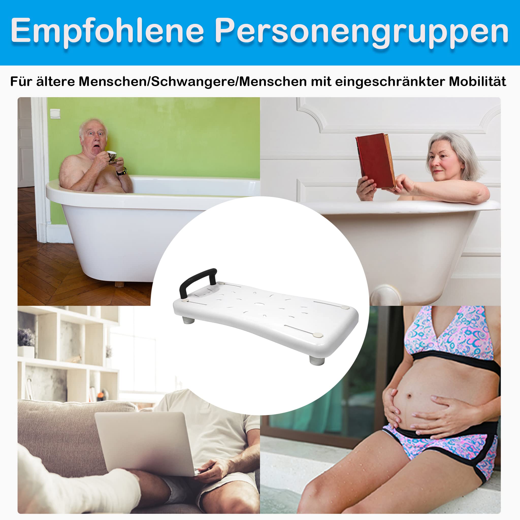 LZQ Badewannenbrett 70cm lang Badewannensitz Senioren mit Schwarz Griff und Seifenablage, Einstellbar Wannensitz Sitzbrett für Badewanne für Erwachsene bis max.150kg