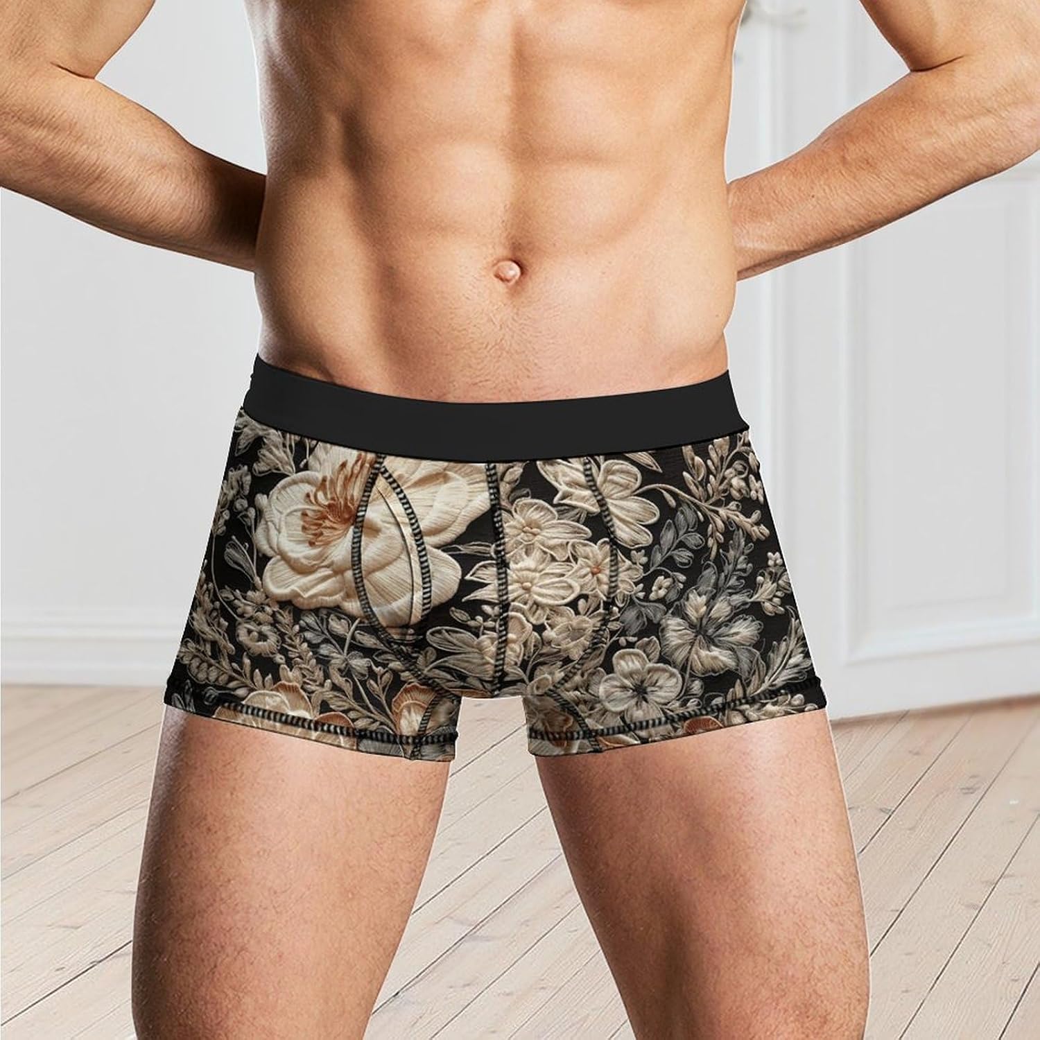 Lace Embroidery Floral Mens Boxer Briefs Short Breathable Underwear Trunks Soft Moisture-Wicking Boxer Shorts Novelty Underpants L White