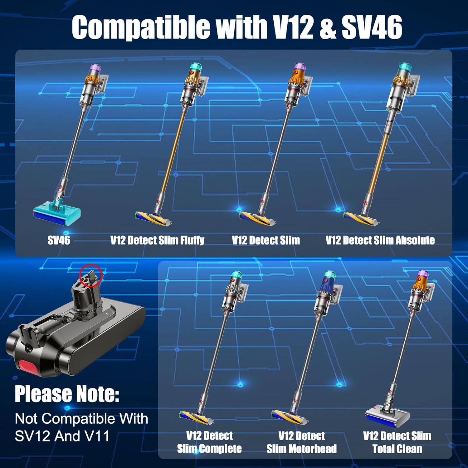 3000mAh Batterie Rechange pour Dyson V12, Batterie de Remplacement Compatible avec la série Dyson V12 Detect, SV20 SV26 SV30 SV34 SV35 SV46