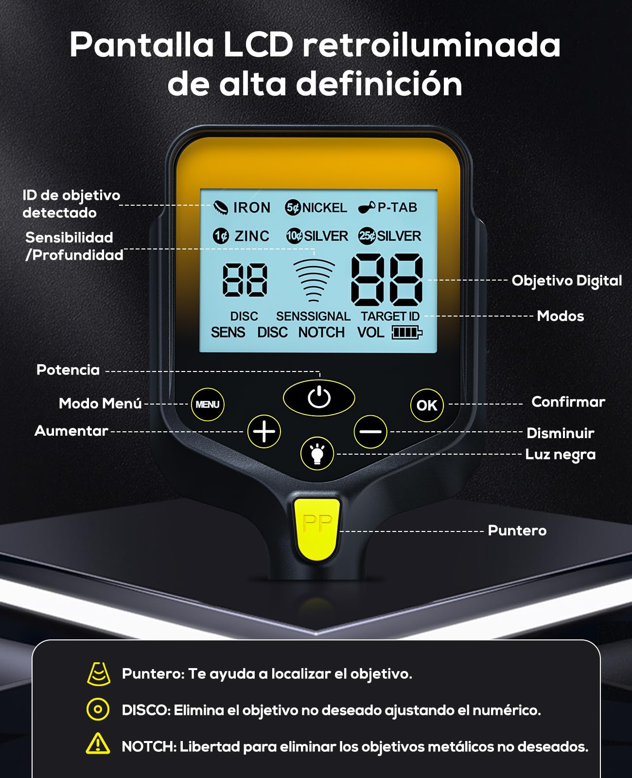 Detector de Metales para Adultos a Prueba de Agua - Detector de Oro Profesional Inalámbrico Recargable de 2000mAh con Pantalla LCD, Mayor Precisión, Retráctil y Plegable, con Bobina de 10" IP68