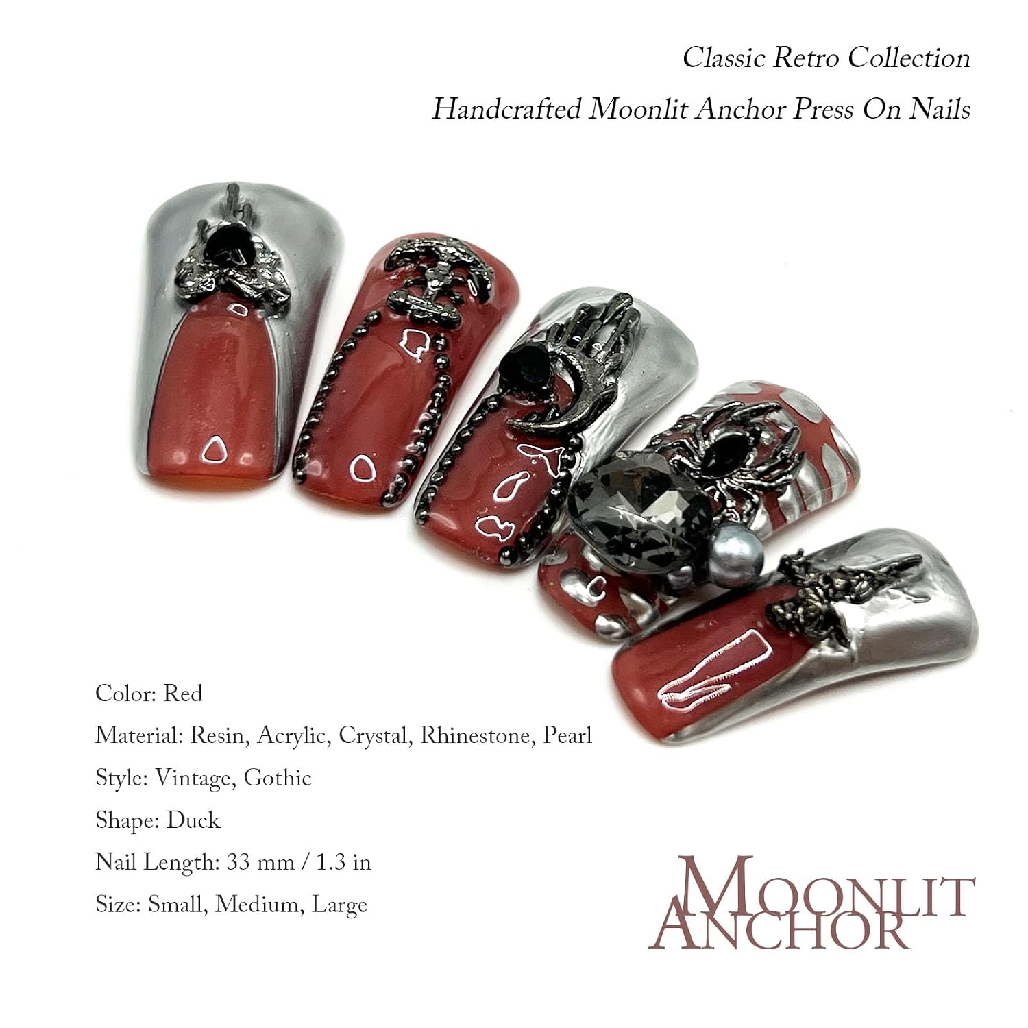 Handcrafted Vintage Style Press On Nails, Reusable Duck Shape 33mm Long False Nails, Original Design Dark Red Silver Artificial Nails, Gothic Manicure Set with Jelly Tabs (L)