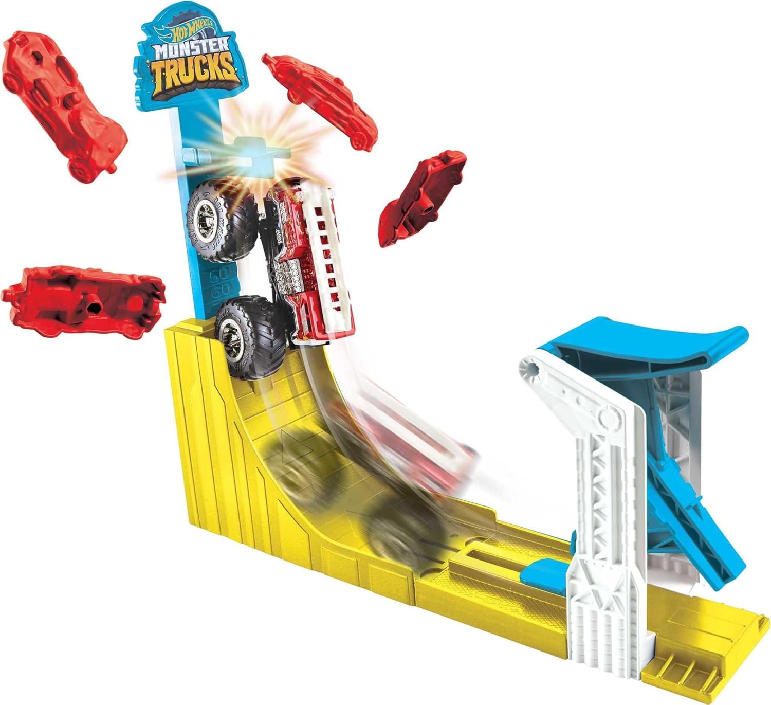 Hot Wheels Monster Trucks Big Air Breakout Play Set with 5 Alarm 1:64 Scale die-cast Metal Body Monster Truck 4 Plastic Crushed Cars 1 Slam Launcher and Ramp for Vertical Crashing for 3-7 Year Olds