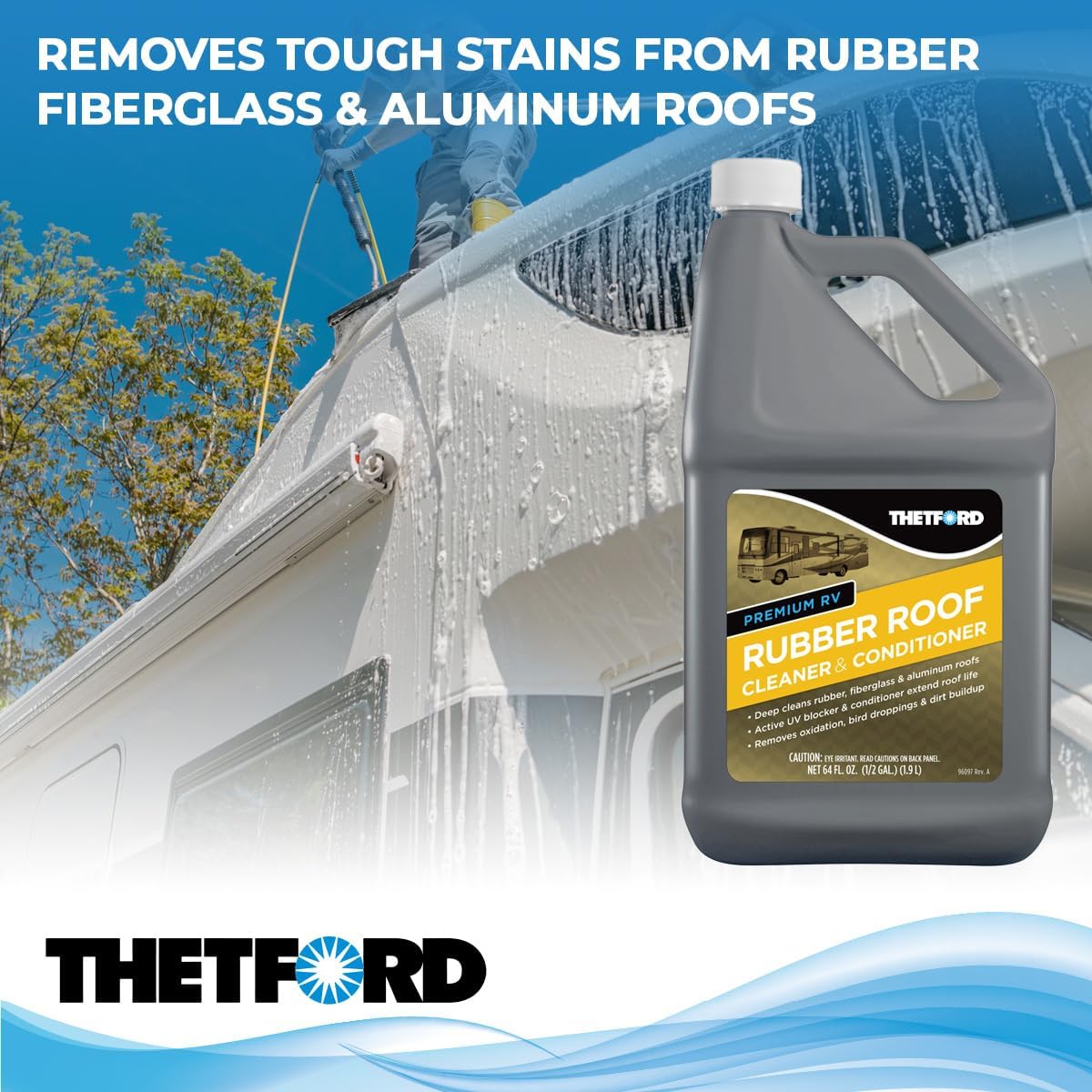 Premium RV Rubber Roof Cleaner - Non-Toxic, Non-Abrasive RV roof detergent 64 oz - Thetford 96016