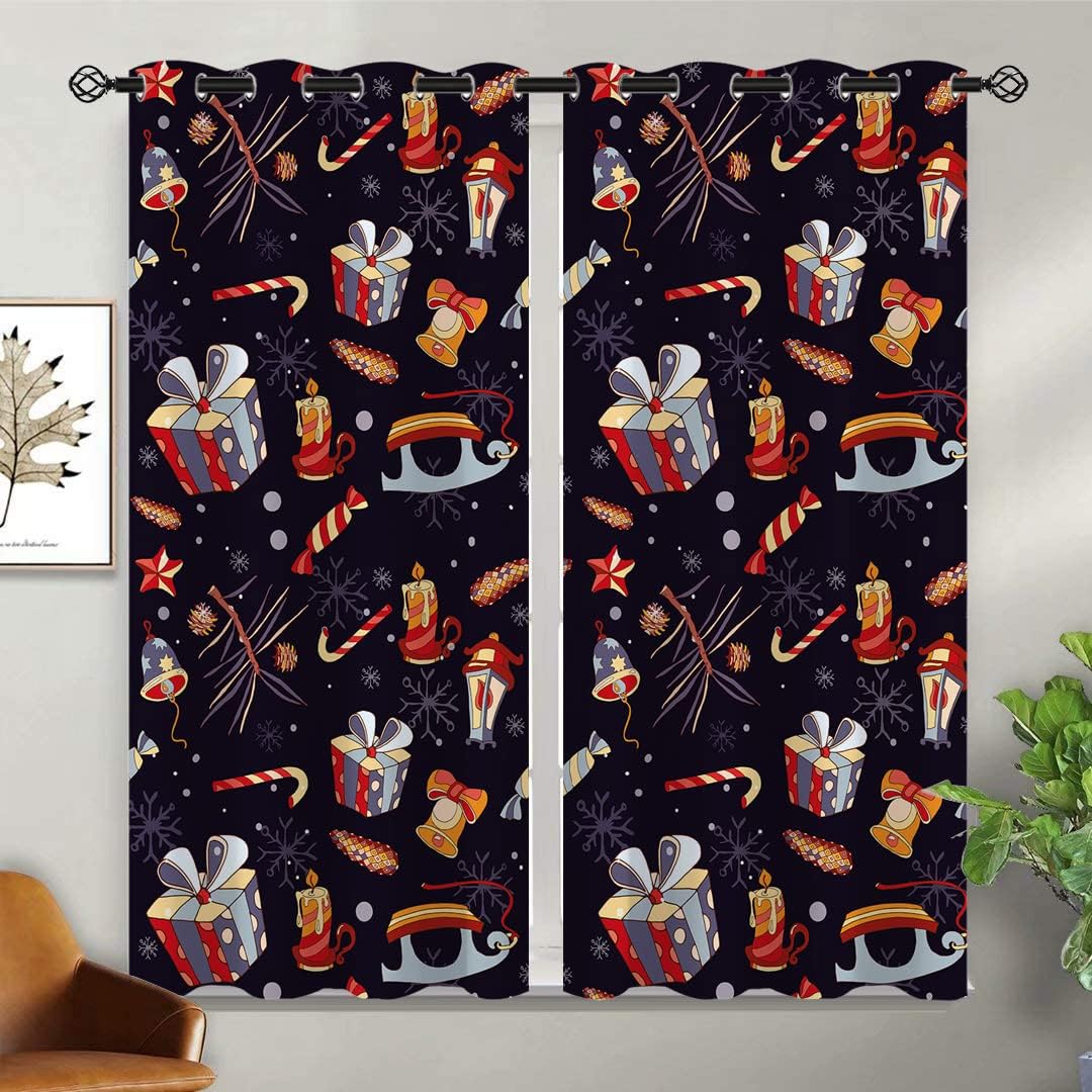 Christmas Blackout Curtains for Living Room Decor, Holiday Xmas Snowflake New Year Present Boxes Grommet Thermal Insulated Drapes Darkening Window Curtain for Bedroom Living Room, 42 x 45 Inch