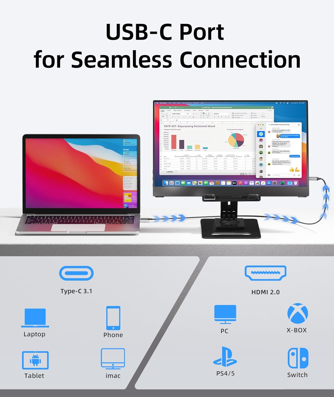 Ingnok Dual Portable Monitor –15.6'' +18.5" 100% sRGB FHD 1080P Ultra Slim External Screen with USB C/HDMI for Laptop, Mac, PC, Phone, PS4, PS5, Switch