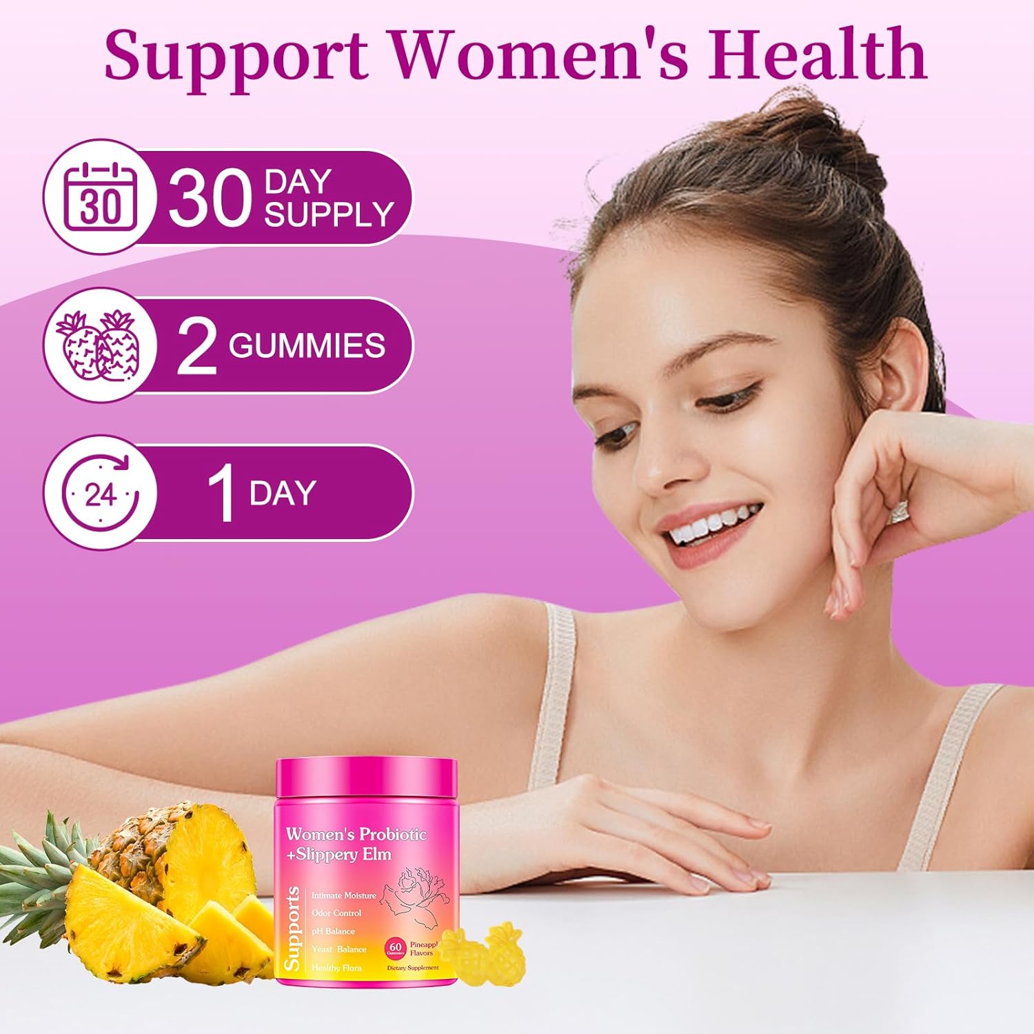 Her Juicy Feminine Probiotics Gummies for Women – Contains Slippery Elm, Supports pH Balance, Tropical Pineapple Flavor, Gut Health & Immune System, 60 Gummies - Image 9
