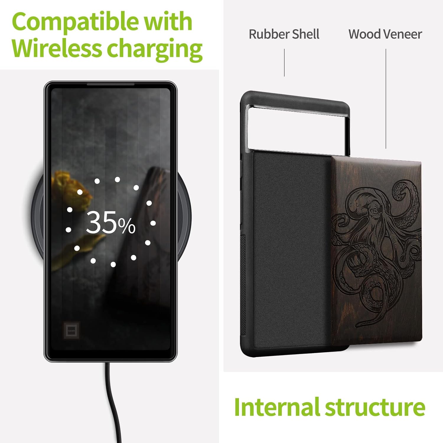 Carveit Wood Case for Pixel 6a Case [Natural Wood & Black Soft TPU] Shockproof Protective Cover Unique Wooden Design Compatible with Google Pixel 6a (Octopus Drawing-Blackwood)