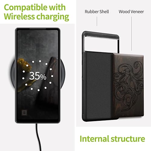 Miniatura 5 de Carveit Funda de madera para Pixel 6a 2022 madera natural y TPU suave negro a prueba de golpes, funda de madera única compatible con Google Pixel 6a