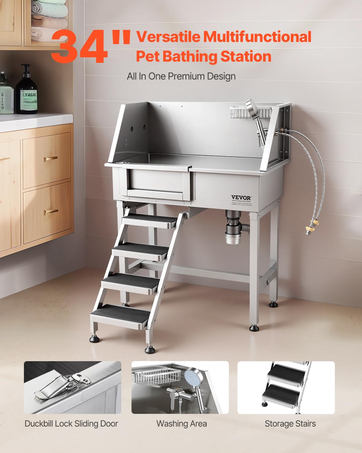 VEVOR Estación de Lavado para Perros 87cm Acero Inoxidable, Bañera para Mascotas 100kg con Grifos de Agua Fría y Caliente, Ajuste de Presión, Drenaje, Escalera para Hogar Veterinaria, Puerta Izquierda