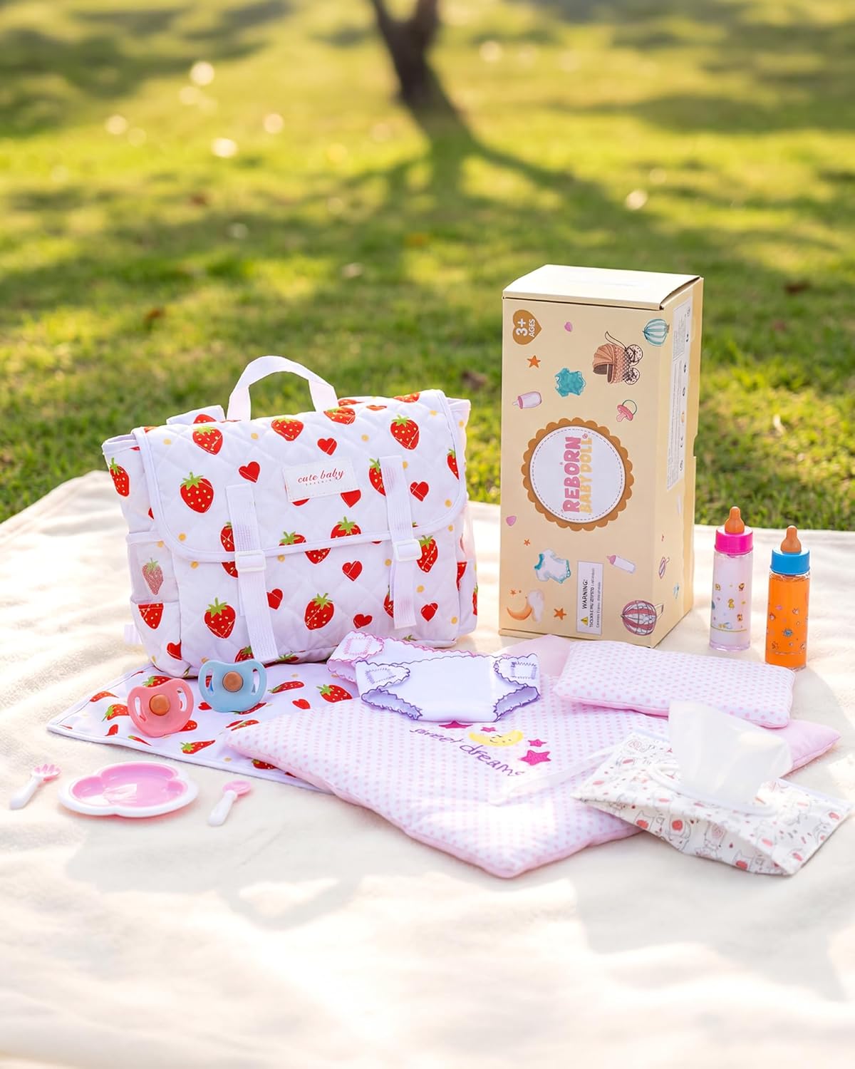 BABESIDE 14 Pcs Baby Doll Accessories Set for 12–15 Inch Dolls, Strawberry Print Baby Doll Diaper Bag with Feeding Bottles & Pacifiers, Dolls Blanket, Changing Pad for Pretend Play