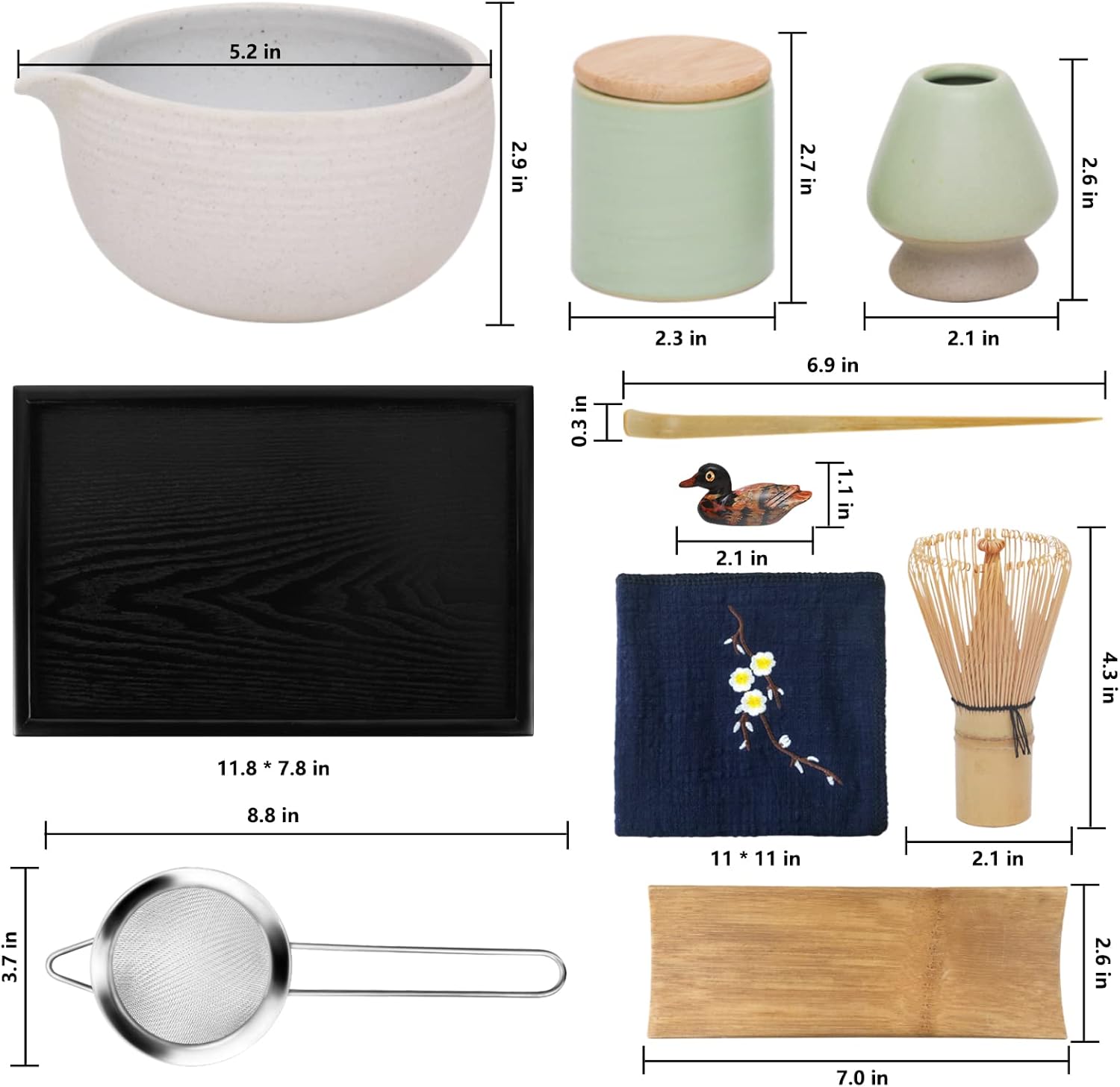 Artcome Japanese Matcha Tea Set, Matcha Bowl with Pouring Spout, Black Tea Tray, Matcha Whisk, Ceramic Whisk Holder, Matcha Powder Caddy, Handmade Matcha Ceremony Kit For Japanese Tea Ceremony (10Pcs)