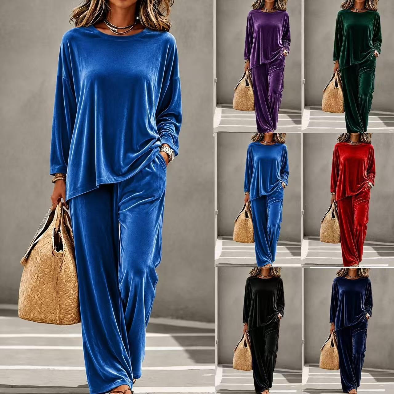 Completo da Donna In Velluto A Due Pezzi con Top A Girocollo A Maniche Lunghe E Orlo Asimmetrico, Vita Elasticizzata E Pantaloni A Gamba Larga, Ideale per Il Tempo Libero In Autunno E Inver