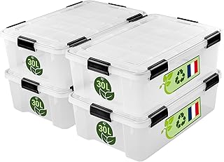 Iris Ohyama Airtight Plastic Storage Boxes with Lids, 30L, Set of 4, Clear, Hermetic Waterproof Closure, Heavy Duty Snap Latches, Stackable, Dust Protection, BPA-Free, WSB-30