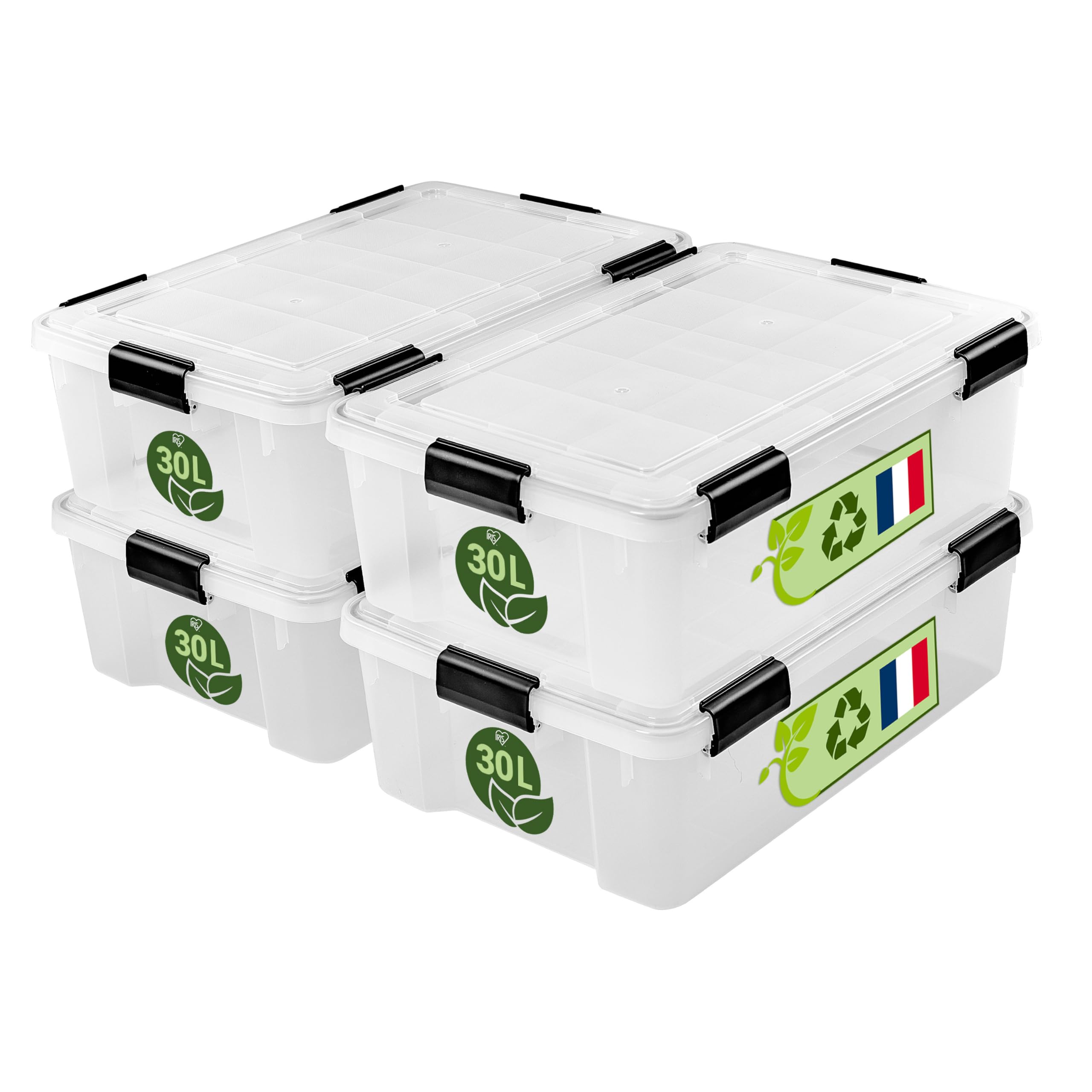 Iris Ohyama Luftdichte Kunststoff-Aufbewahrungsboxen mit Deckel, 30L, 4er-Set, Transparent, Hermetischer wasserdichter Verschluss, Robuste Schnappverschlüsse, Stapelbar, Staubschutz, BPA-frei, WSB-30