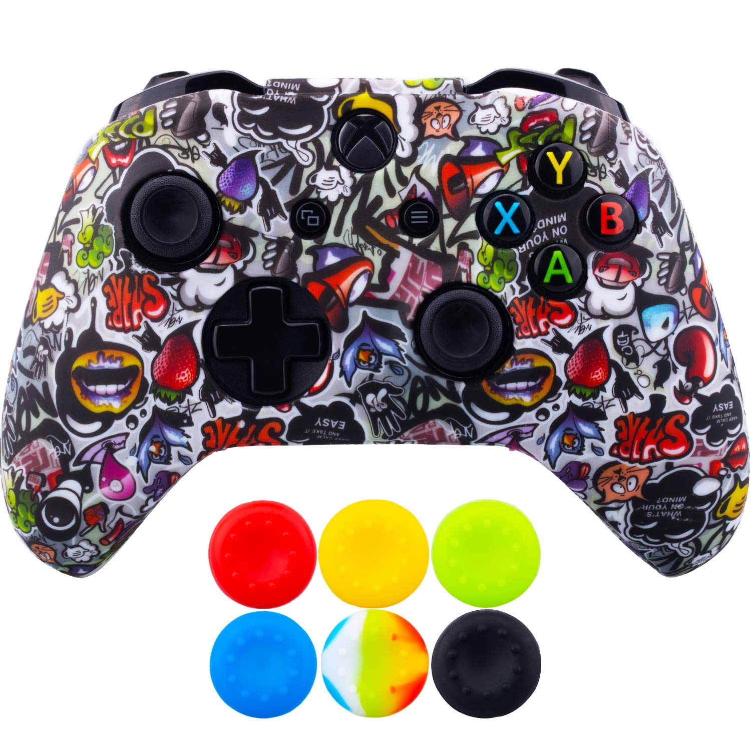 1 x Silicone Transfert Impression Protecteur Couverture Peau + 6 Thumb Grips et Bouchons Anti-Poussière pour Manette Xbox One/S/X des Fraises