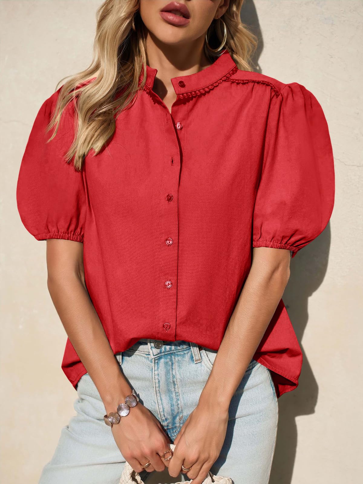 Tankaneo Camicette da donna con maniche a sbuffo e bottoni, in cotone, plissettate, vestibilità larga, estive, eleganti e casual
