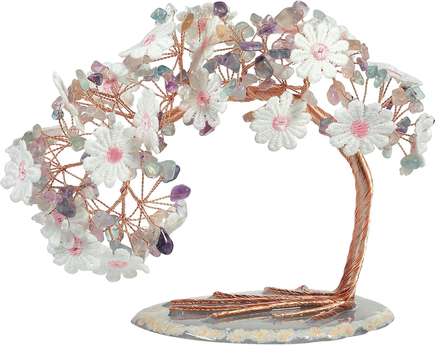 Nupuyai Colorful Crystal Copper Money Tree Desktop Decor with Agate Base Handmade Lace Flower Wealth Crystal Tree Bonsai for Fengshui Good Luck