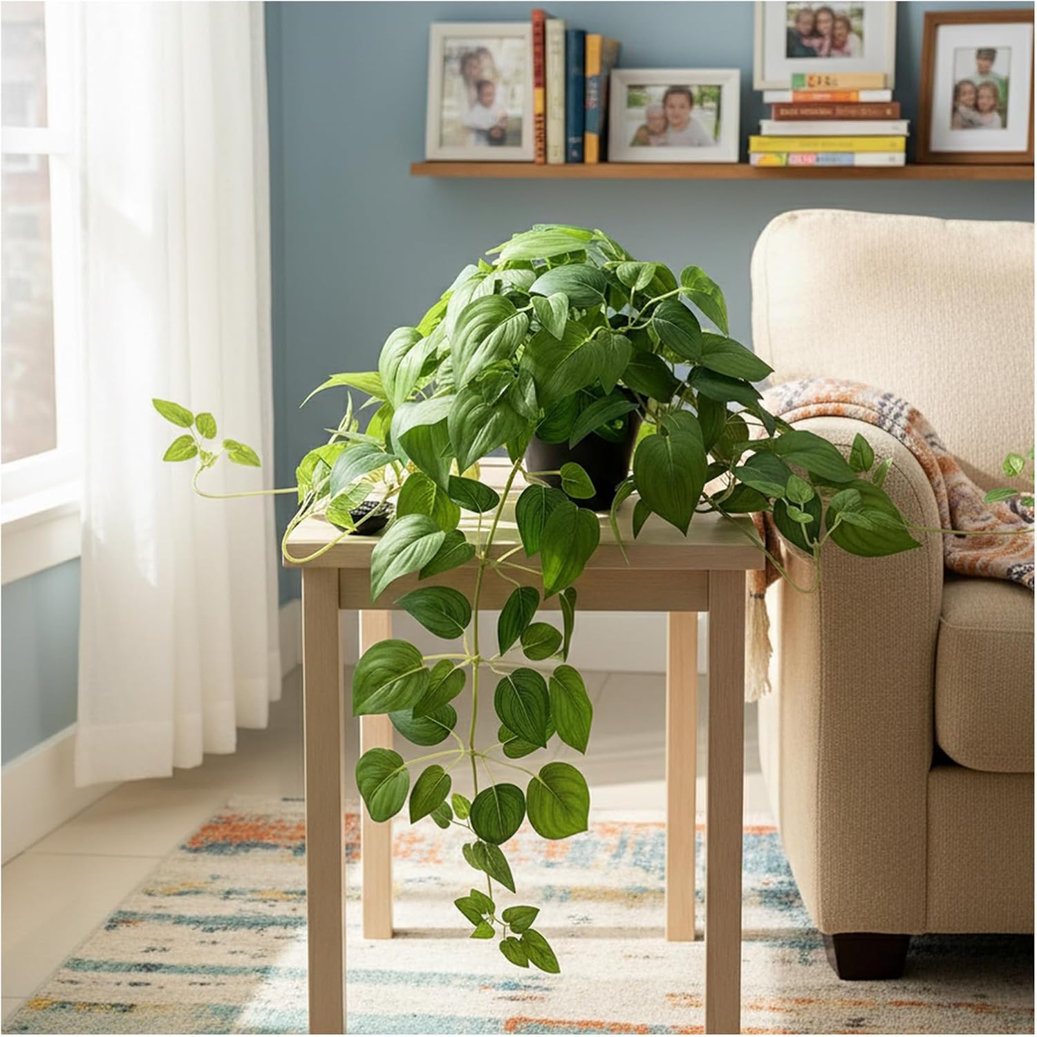 Artificial Pothos Ivy Silk Plants, 2 Sets with Black Pots, 27 Inches Tall, Realistic Fake Hanging Plants for Home Living Room Office Decor, No Maintenance Indoor Faux Plants