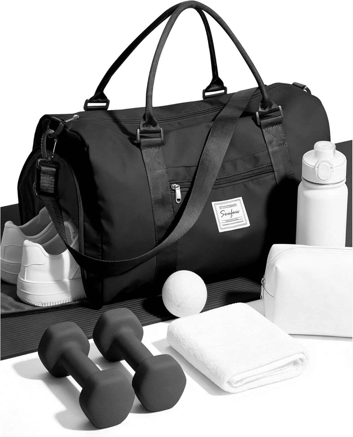 Small Black Sports Gym Duffel Bags for Women Men, Travel Totes Bag Cute Weekender bag with Wet Pocket and Shoe Compartment for Carry On, Gym, Dance, Overnight, Sport Pickleball, Tennis, Racketball