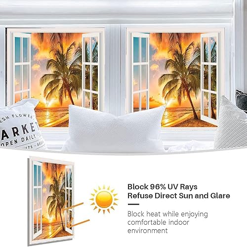 Vista 120 de Tropic - Película 3D para ventana, palmeras tropicales oceánicas en isla soleada, imagen panorámica, para puerta de cristal, baño, sala de estar