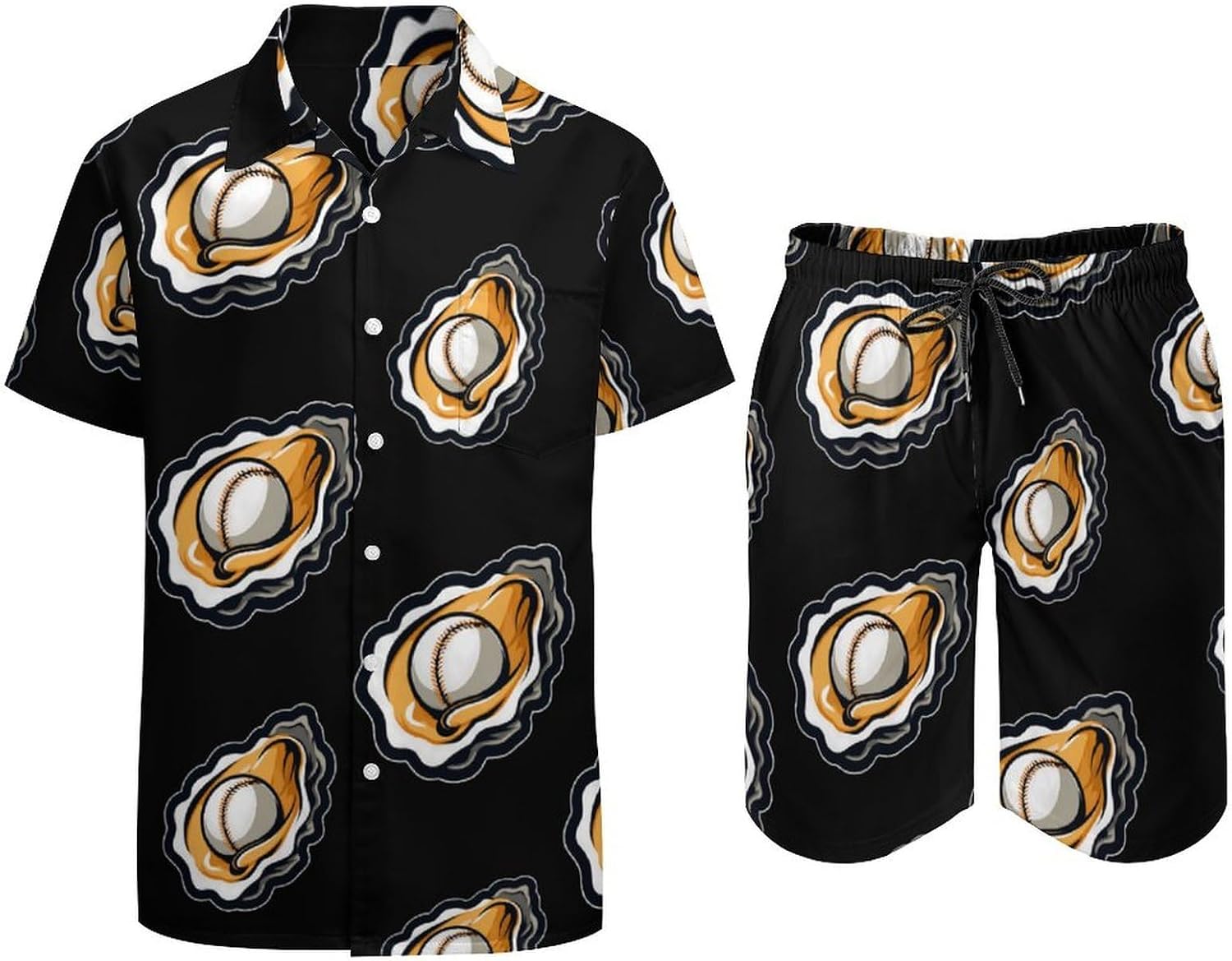Oysters Baseball Ball Summer Mens Vacation Outfits Beach Shirts Shorts Matching Set