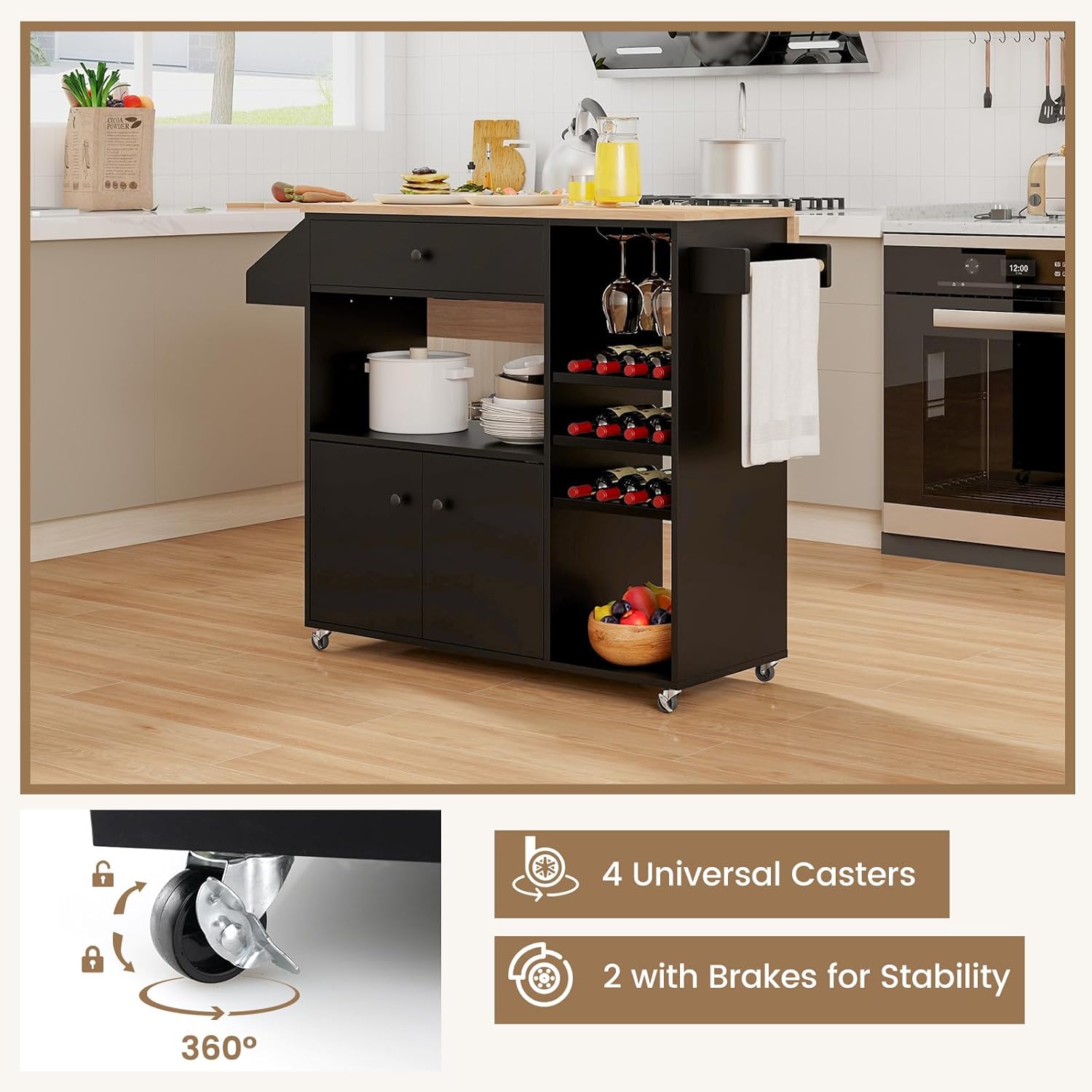 Giantex Rolling Kitchen Island Cart with Drop Leaf, Power Outlet, Spice Rack, 12 Wine Rack, Glass Holder, Drawer, Storage Cabinet, Towel Rack, Island Table for Breakfast Coffee Bar (Black & Natural)