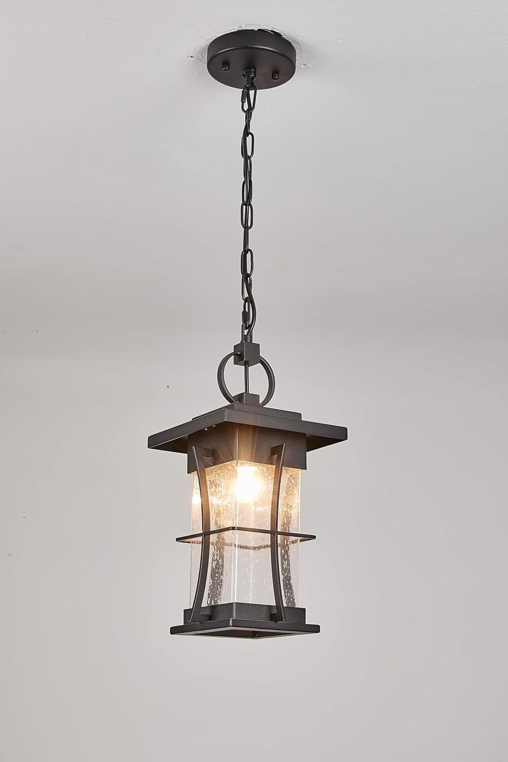 17 Inch Oil Rubbed Bronze Outdoor Pendant Light, Farmhouse Mission Style Hanging Lantern with Seeded Glass, Waterproof Metal Porch Light with Adjustable Chain, E26 Base