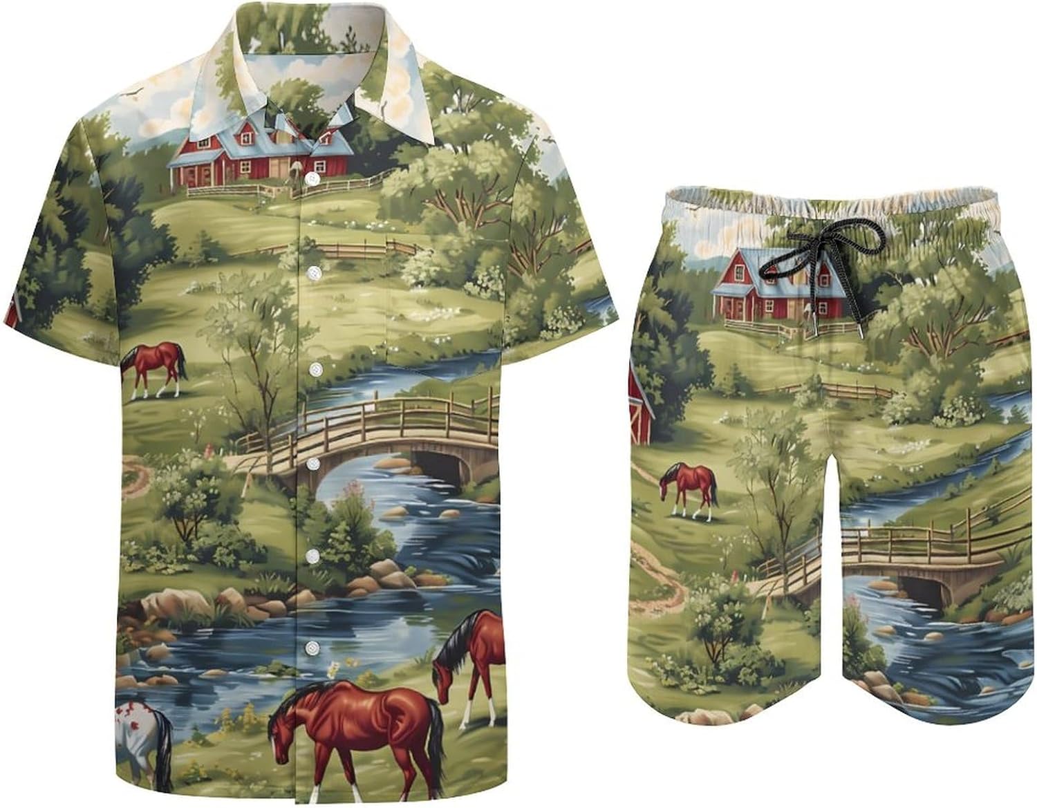 Farmhouse Bridge Horse Scene Men's Summer Beach Outfits Shirt And Shorts Set 2 Piece Vacation Swimwear