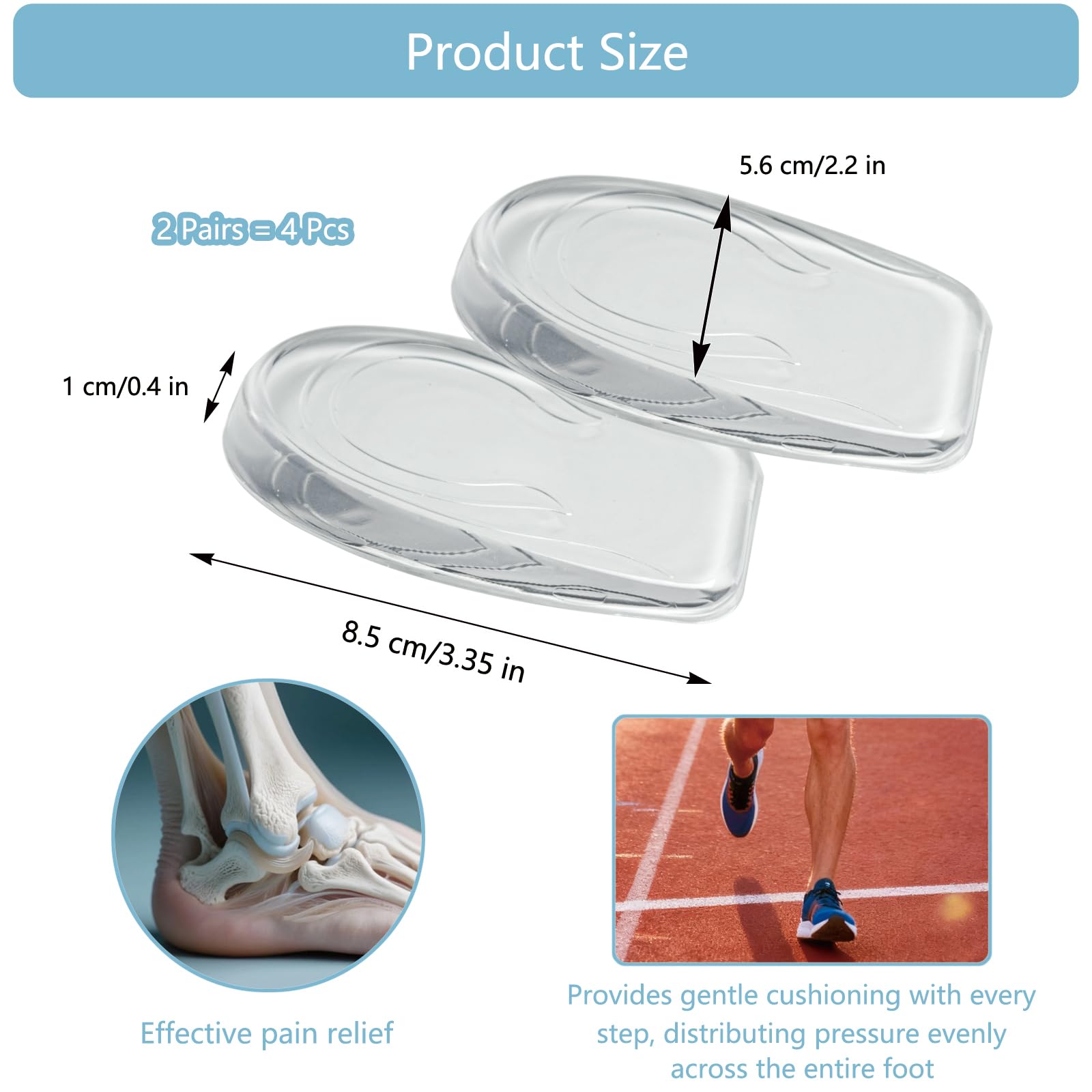 2 Pares Talonera Taloneras Silicona Almohadill Transparente Fascitis Plantar Plantillas Elevadoras Gel Espolon de Aumento de Altura, Alzas para Zapatos Mujer Hombres (1 CM)